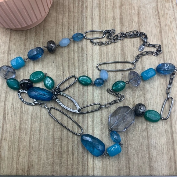 Lia Sophia Meridian Gun Metal Beaded Blue Green Tones Necklace - Picture 6 of 8